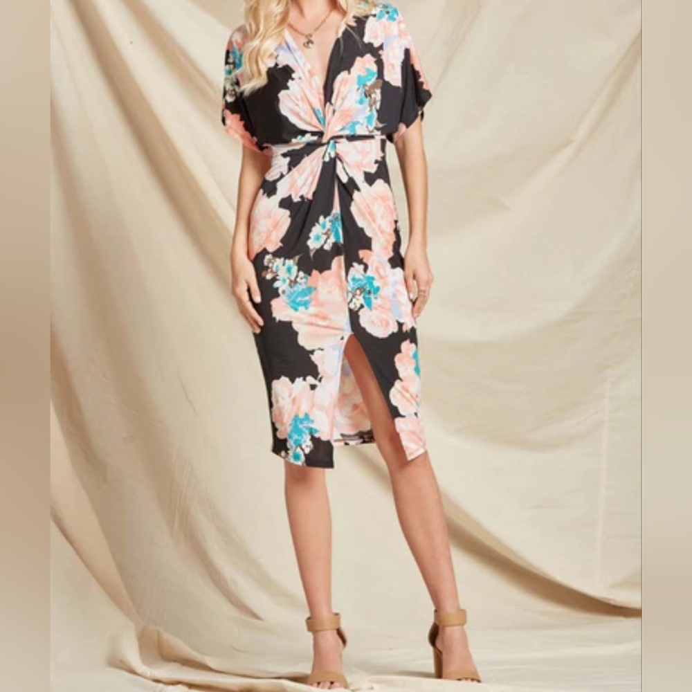 Beeson River floral dress. Black, pink, turquoise, white. Figure flattering. L